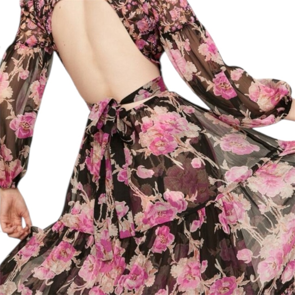 MISA Charlotta Black Pink Floral Print Long Sleeve Open Back Maxi Dress Size XL - Picture 11 of 12